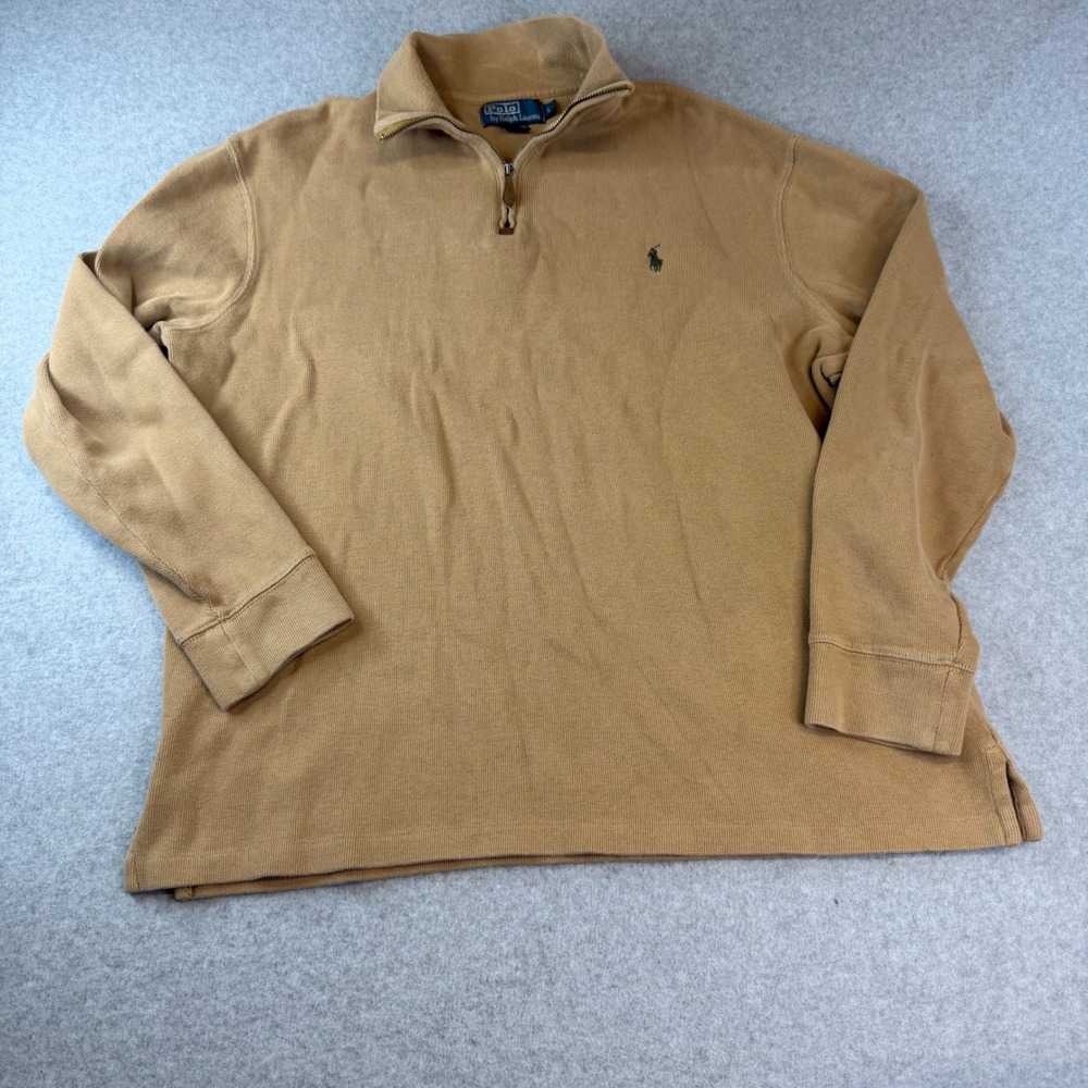 Polo Ralph Lauren Mens Large Tan Cotton Ribbed Quarter Zip Pullover Sweater